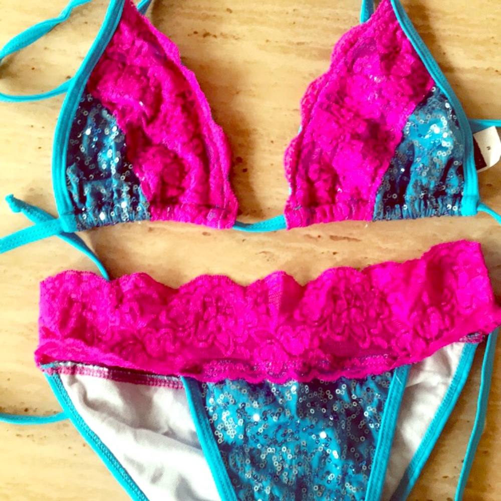 Two piece sequin and lace swimsuit